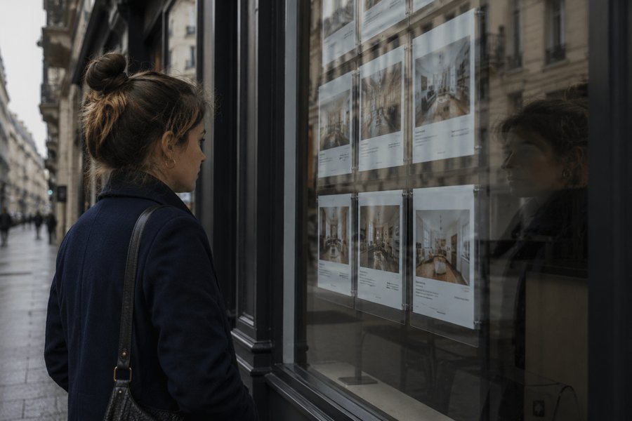Jeune femme devant les annonces d’une agence immobilière